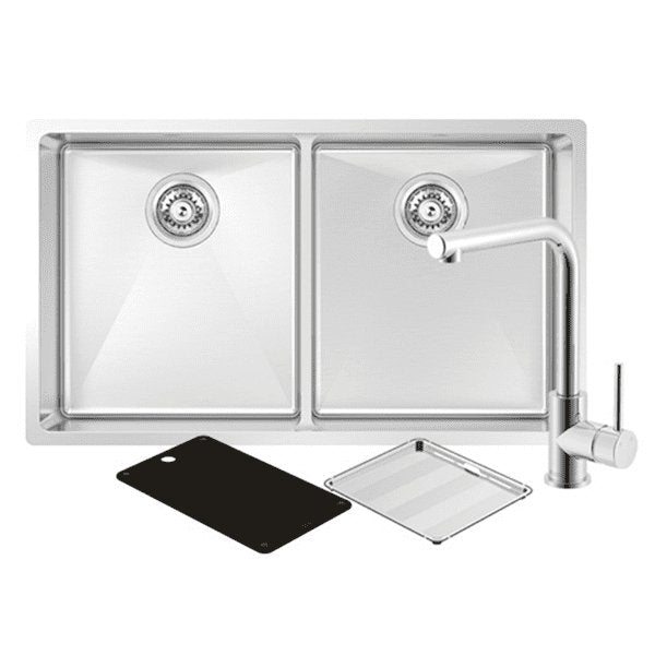 Abey Montego Double Bowl Sink Stainless Steel With 3K2 Kitchen Mixer Chrome - Sydney Home Centre