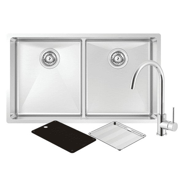 Abey Montego Double Bowl Sink Stainless Steel With 3K4 Kitchen Mixer Chrome - Sydney Home Centre