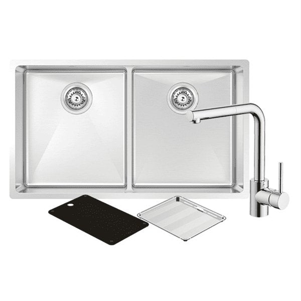 Abey Montego Double Bowl Sink Stainless Steel With SK5-AV Kitchen Mixer Chrome - Sydney Home Centre