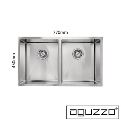 Aguzzo Stainless Steel Top/Under Mount 770mm Double Bowl Kitchen Sink Brushed Satin - Sydney Home Centre