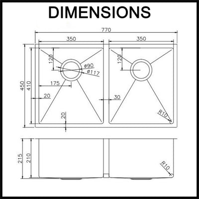 Aguzzo Stainless Steel Top/Under Mount 770mm Double Bowl Kitchen Sink Brushed Satin - Sydney Home Centre