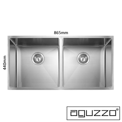 Aguzzo Stainless Steel Top/Under Mount 865mm Double Bowl Kitchen Sink Brushed Satin - Sydney Home Centre