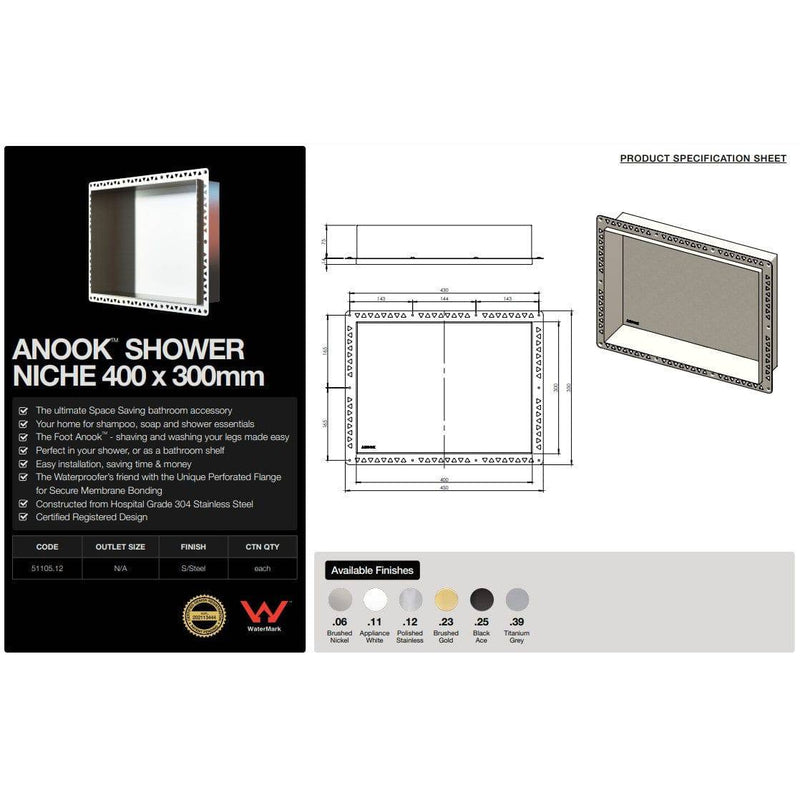 ANOOK Shower Niche 400x300x90mm Polished Stainless Steel - Sydney Home Centre