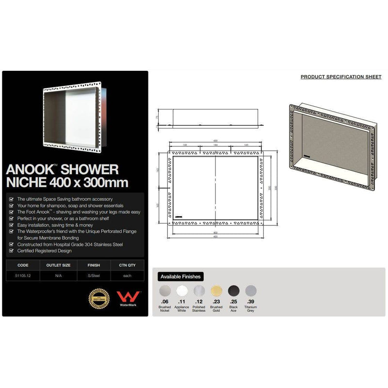 ANOOK Shower Niche 400x300x90mm RF Nylon Ace Black - Sydney Home Centre