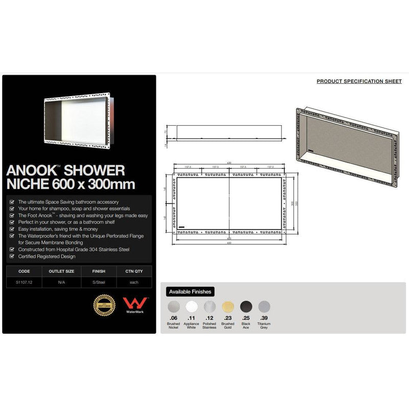 ANOOK Shower Niche 600x300x90mm PVD Brushed Gold - Sydney Home Centre