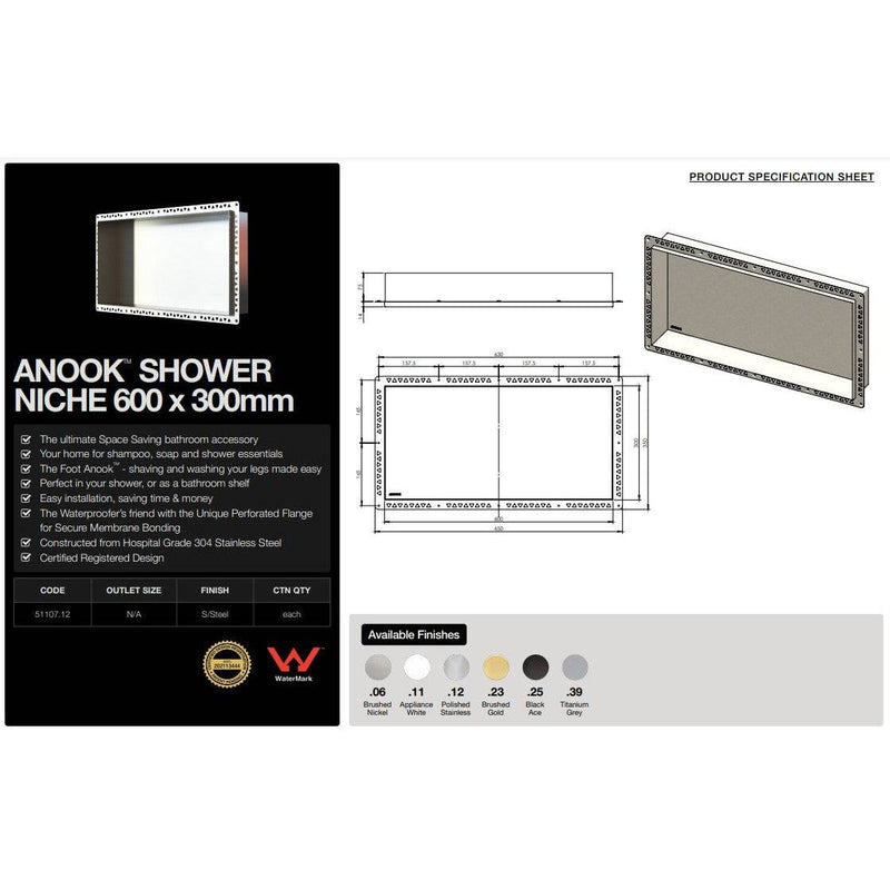 ANOOK Shower Niche 600x300x90mm PVD Brushed Nickel - Sydney Home Centre
