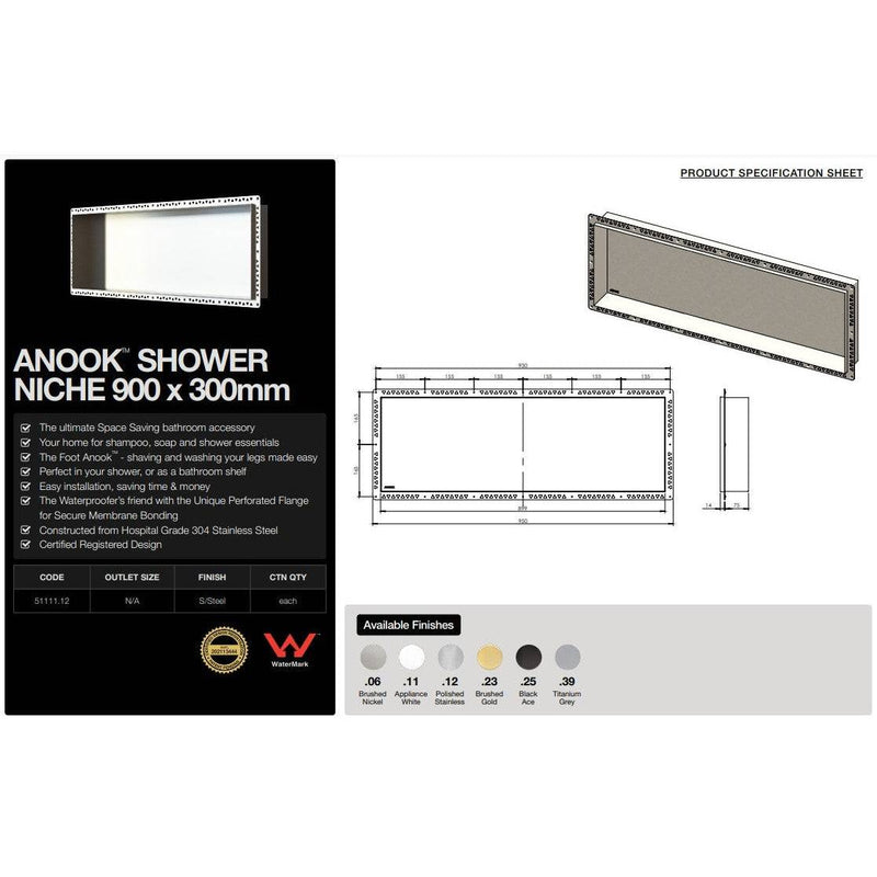 ANOOK Shower Niche 900x300x90mm Polished Stainless Steel - Sydney Home Centre