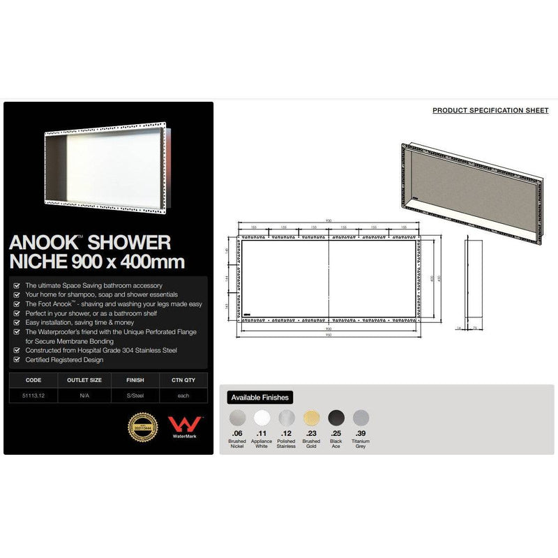 ANOOK Shower Niche 900x400x90mm Polished Stainless Steel - Sydney Home Centre