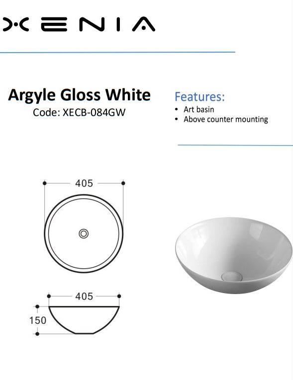 Aulic Argyle Above Counter Basin Gloss White - Sydney Home Centre