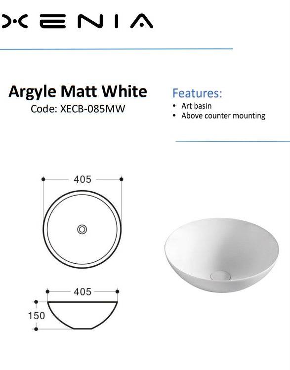 Aulic Argyle Above Counter Basin Matte White - Sydney Home Centre