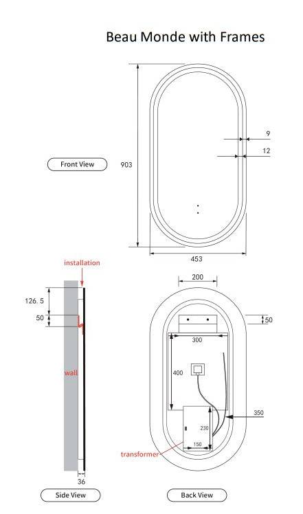 Aulic Beau Monde 900mm x 450mm Framed LED Mirror Gun Metal - Sydney Home Centre