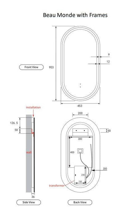 Aulic Beau Monde 900mm x 450mm Framed LED Mirror Matte White - Sydney Home Centre