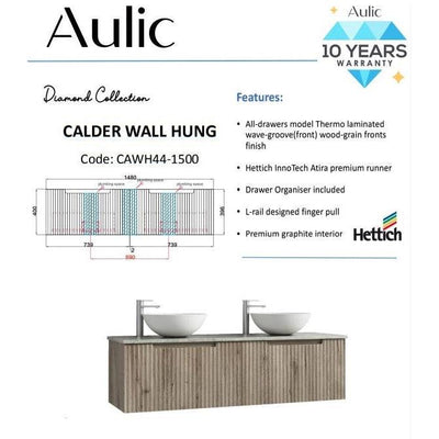 Aulic Calder 1500mm Double Bowl Wall Hung Vanity Laminated Wood Grain (Alpine Flat Quartz Stone Top) - Sydney Home Centre