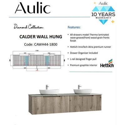 Aulic Calder 1800mm Double Bowl Wall Hung Vanity Laminated Wood Grain (Alpine Flat Quartz Stone Top) - Sydney Home Centre