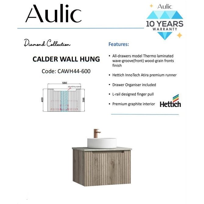 Aulic Calder 600mm Wall Hung Vanity Laminated Wood Grain (Alpine Flat Quartz Stone Top) - Sydney Home Centre