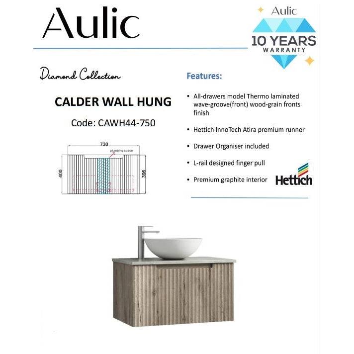 Aulic Calder 750mm Wall Hung Vanity Laminated Wood Grain (Alpine Flat Quartz Stone Top) - Sydney Home Centre