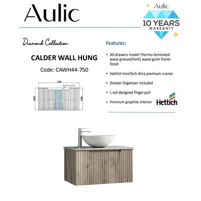 Aulic Calder 750mm Wall Hung Vanity Laminated Wood Grain (Alpine Quartz Stone Top With Undermount Basin) - Sydney Home Centre