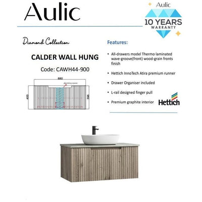 Aulic Calder 900mm Wall Hung Vanity Laminated Wood Grain (Alpine Flat Quartz Stone Top) - Sydney Home Centre