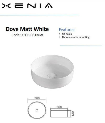 Aulic Dove Above Counter Basin Matte White - Sydney Home Centre