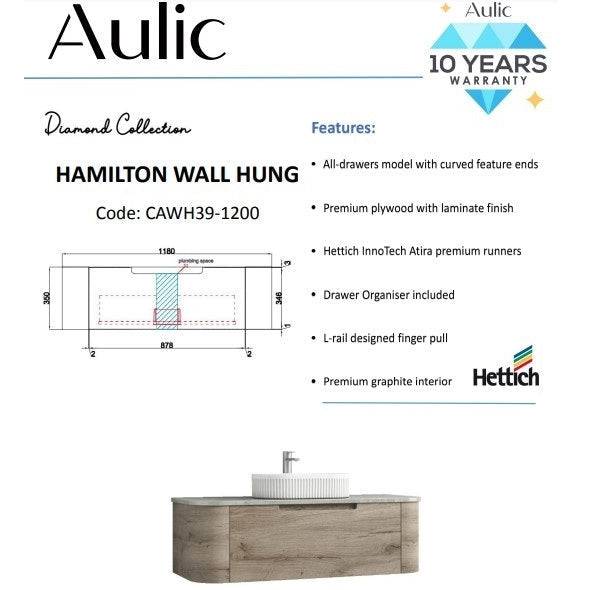 Aulic Hamilton 1200mm Wall Hung Vanity Laminate Plywood (Cato Stone Top) - Sydney Home Centre