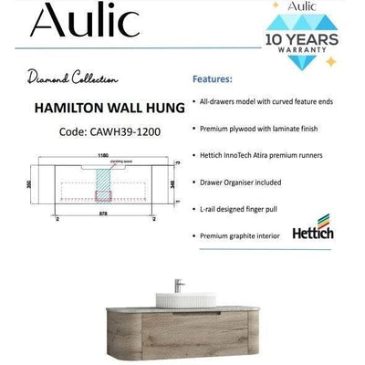 Aulic Hamilton 1200mm Wall Hung Vanity Laminate Plywood (Snow Flat Stone Top) - Sydney Home Centre