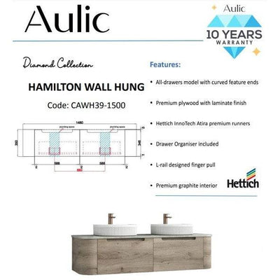 Aulic Hamilton 1500mm Wall Hung Vanity Laminate Plywood (Alpine Flat Quartz Stone Top) - Sydney Home Centre