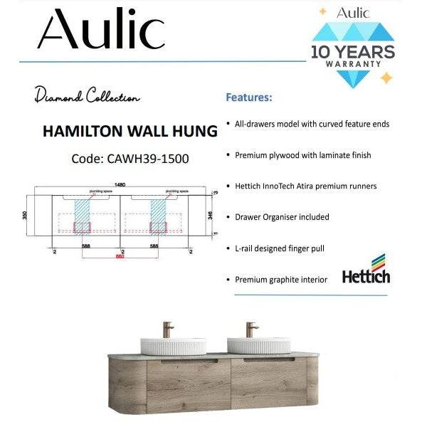 Aulic Hamilton 1500mm Wall Hung Vanity Laminate Plywood (Alpine Flat Quartz Stone Top) - Sydney Home Centre