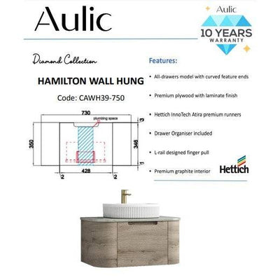 Aulic Hamilton 750mm Wall Hung Vanity Laminate Plywood (Alpine Flat Quartz Stone Top) - Sydney Home Centre