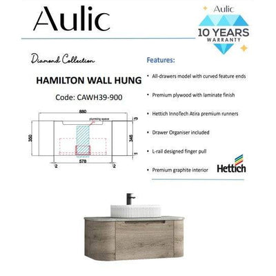 Aulic Hamilton 900mm Wall Hung Vanity Laminate Plywood (Cato Flat Stone Top) - Sydney Home Centre