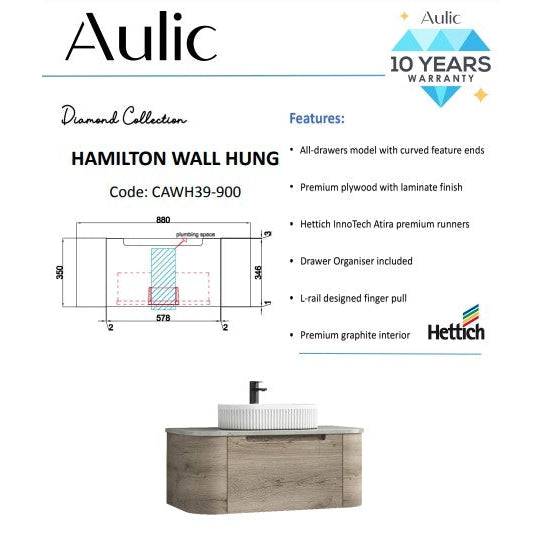 Aulic Hamilton 900mm Wall Hung Vanity Laminate Plywood (Snow Flat Stone Top) - Sydney Home Centre