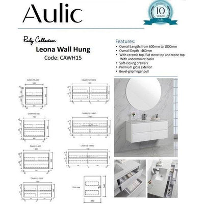 Aulic Leona 1200mm Wall Hung Vanity Gloss White (Cato Stone Top With Undermount Basin) - Sydney Home Centre