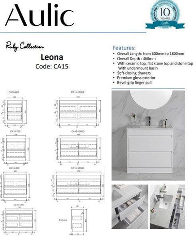 Aulic Leona 1500mm Single Bowl Vanity Gloss White (Palis Flat Quartz Stone Top) - Sydney Home Centre