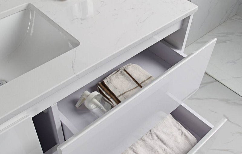 Aulic Leona 1500mm Single Bowl Wall Hung Vanity Gloss White (Alpine Flat Quartz Stone Top) - Sydney Home Centre