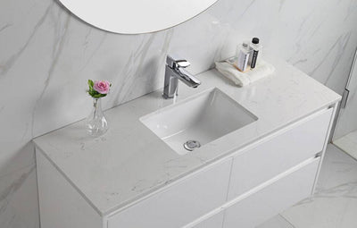 Aulic Leona 1500mm Single Bowl Wall Hung Vanity Gloss White (Alpine Flat Quartz Stone Top) - Sydney Home Centre