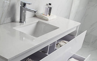 Aulic Leona 1500mm Single Bowl Wall Hung Vanity Gloss White (Alpine Flat Quartz Stone Top) - Sydney Home Centre