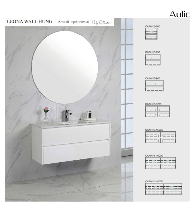 Aulic Leona 1500mm Single Bowl Wall Hung Vanity Gloss White (Alpine Quartz Stone Top With Undermount Basin) - Sydney Home Centre
