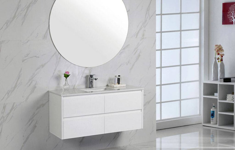 Aulic Leona 1500mm Single Bowl Wall Hung Vanity Gloss White (Cato Flat Stone Top) - Sydney Home Centre