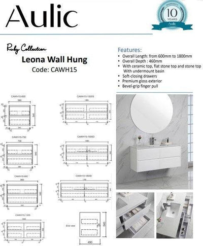 Aulic Leona 1500mm Single Bowl Wall Hung Vanity Gloss White (Pure Flat Stone Top) - Sydney Home Centre