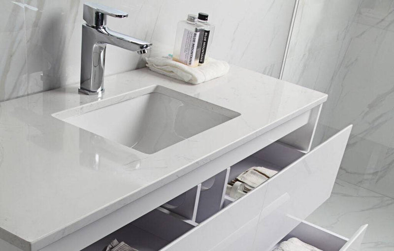 Aulic Leona 1500mm Single Bowl Wall Hung Vanity Gloss White (Pure Flat Stone Top) - Sydney Home Centre