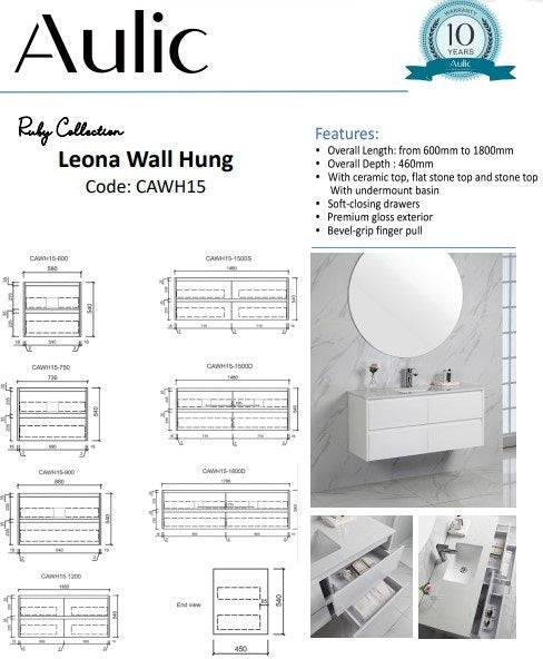 Aulic Leona 1500mm Single Bowl Wall Hung Vanity Gloss White (Snow Flat Stone Top) - Sydney Home Centre