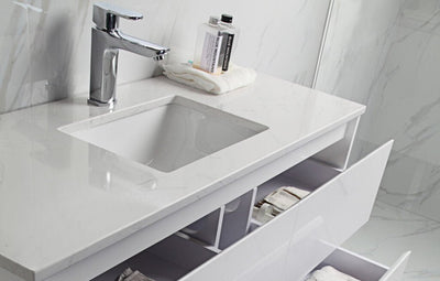 Aulic Leona 1500mm Wall Hung Double Bowl Vanity Gloss White (Alpine Quartz Stone Top With Undermount Basin) - Sydney Home Centre