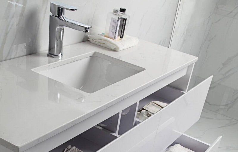 Aulic Leona 1800mm Double Bowl Wall Hung Vanity Gloss White (Pure Stone Top With Undermount Basin) - Sydney Home Centre