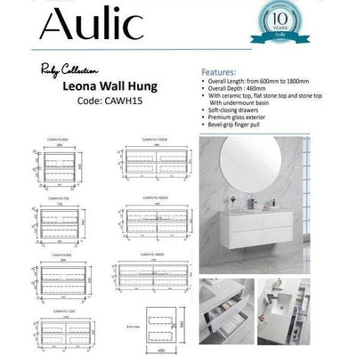 Aulic Leona 600mm Wall Hung Vanity Gloss White (Cato Flat Stone Top) - Sydney Home Centre