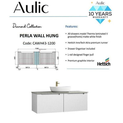 Aulic Perla 1200mm Wall Hung Vanity Matte White (Cato Flat Stone Top) - Sydney Home Centre