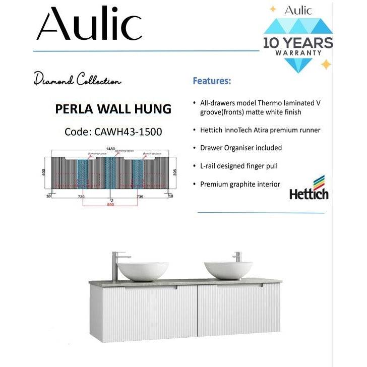 Aulic Perla 1500mm Double Bowl Wall Hung Vanity Matte White (Cato Flat Stone Top) - Sydney Home Centre