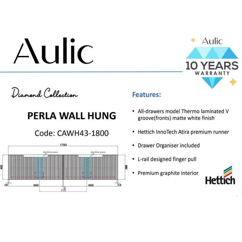 Aulic Perla 1800mm Double Bowl Wall Hung Vanity Matte White (Palis Flat Quartz Stone Top) - Sydney Home Centre