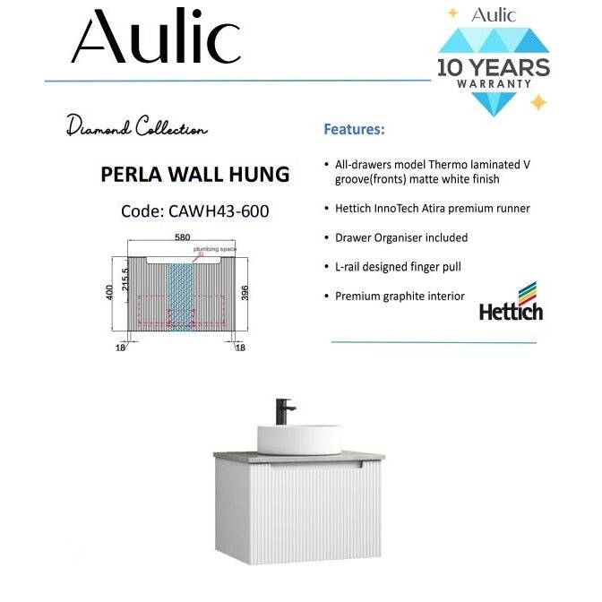 Aulic Perla 600mm Wall Hung Vanity Matte White (Alpine Flat Quartz Stone Top) - Sydney Home Centre