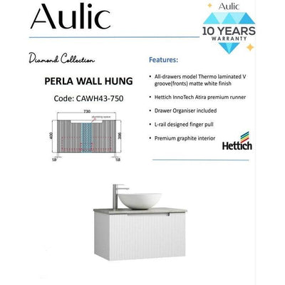 Aulic Perla 750mm Wall Hung Vanity Matte White (Cabinet Only) - Sydney Home Centre