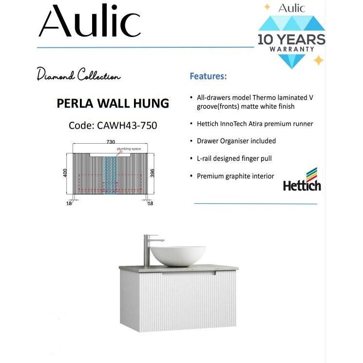 Aulic Perla 750mm Wall Hung Vanity Matte White (Cabinet Only) - Sydney Home Centre