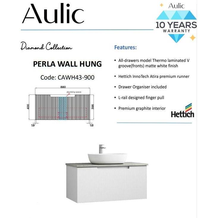 Aulic Perla 900mm Wall Hung Vanity Matte White (Alpine Flat Quartz Stone Top) - Sydney Home Centre